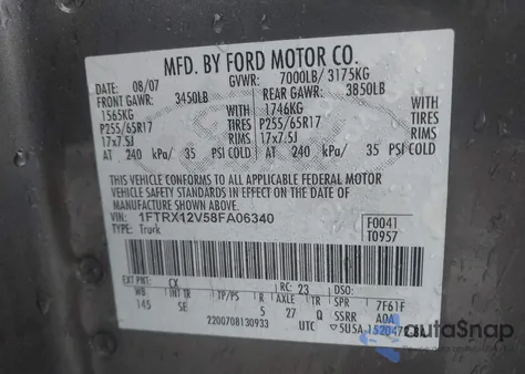 2008 Ford F-150 Fx2/Lariat/Stx/Xlt z USA, uszkodzony, nr VIN 1FTRX12V58FA06340